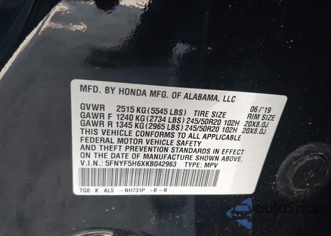 2019 Honda Pilot Touring z USA, uszkodzony, nr VIN 5FNYF5H6XKB042963